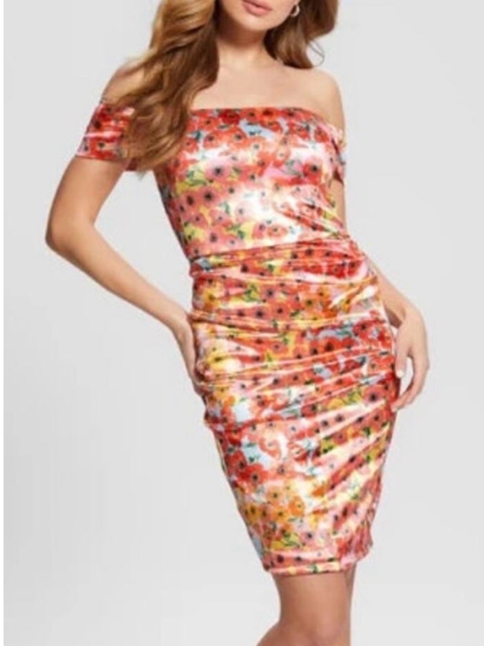 Guess Strapless Floral Ruched Dress in Coral Multi